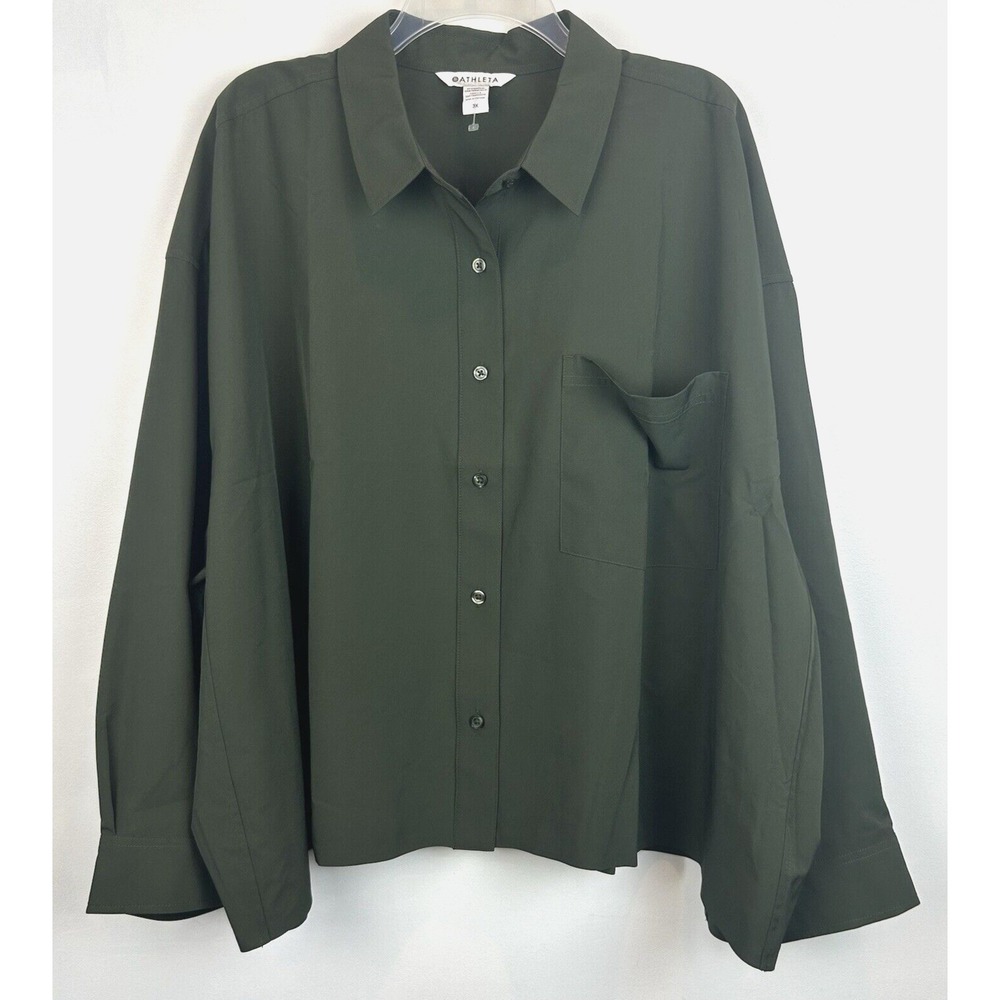 Athleta Top Women 3X Button Up Army Green Plus Capsule Career Office Travel Read